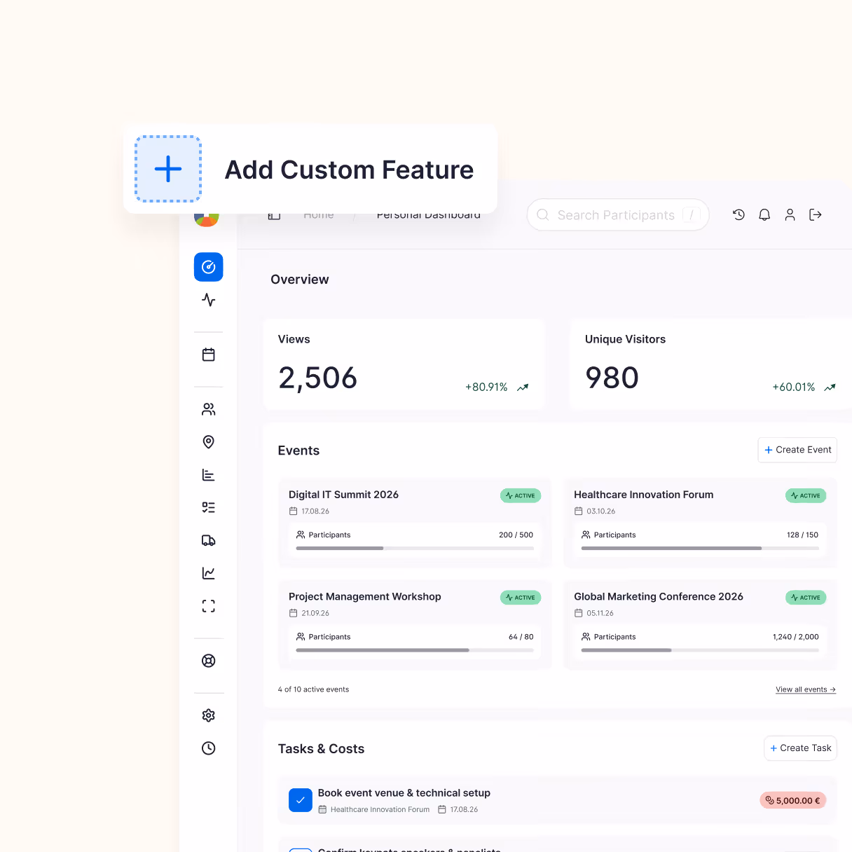 Custom feature setup interface in EventManager Online dashboard for flexible event management workflows.