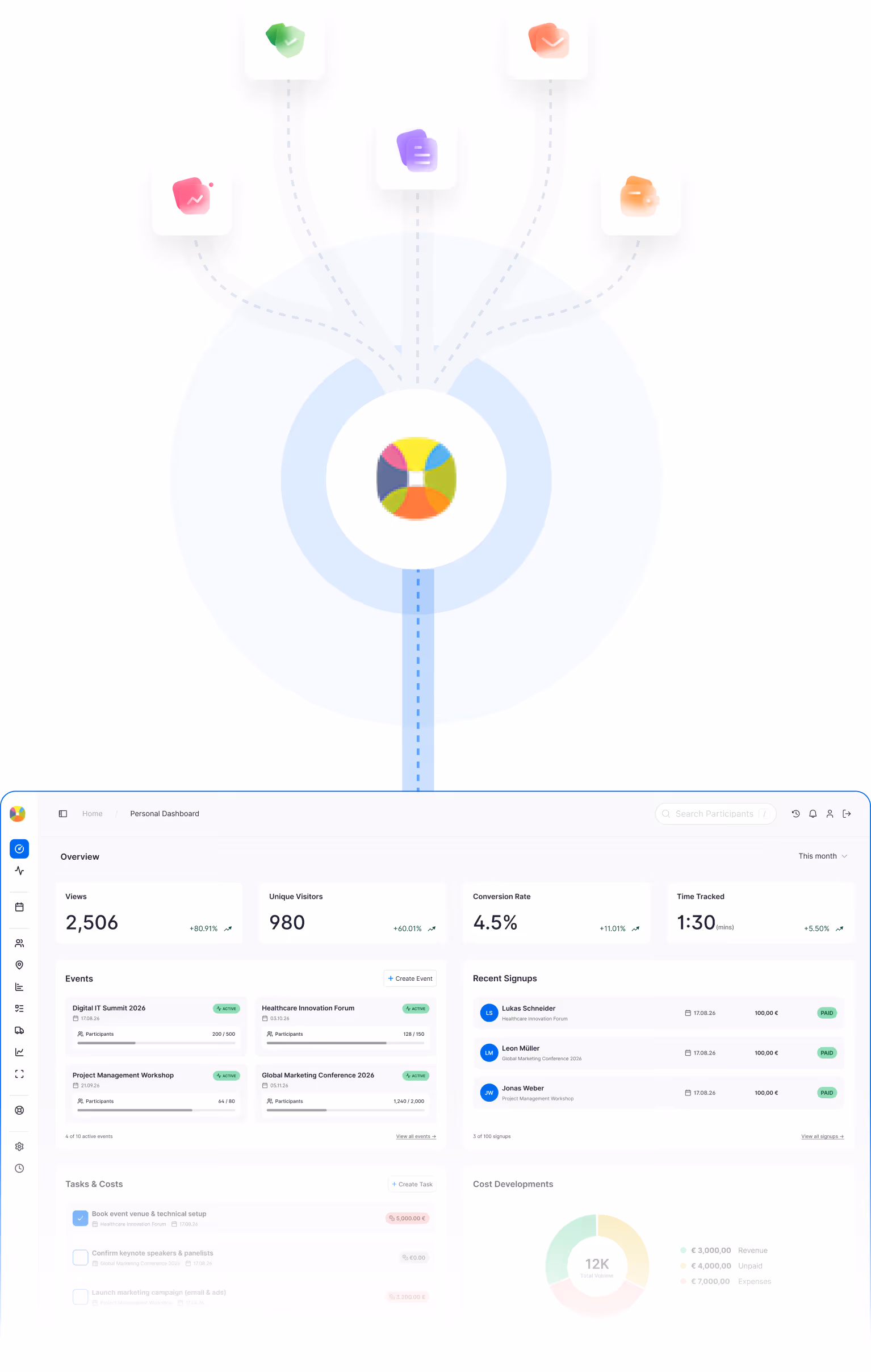 Illustration of an integrated event management dashboard with connected modules for security, payments, analytics, documents, and event operations.