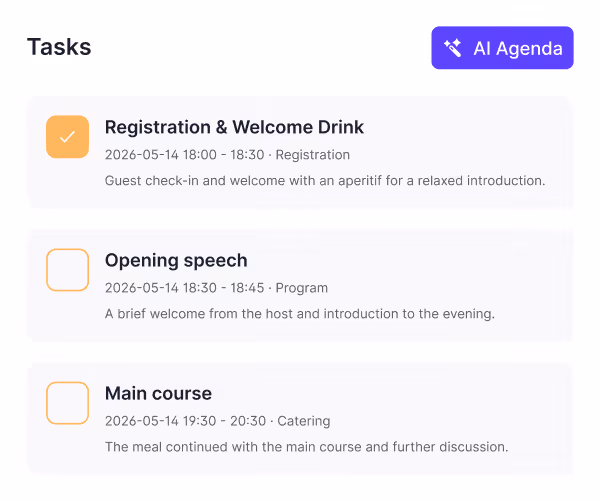 AI-generated event agenda with automated tasks, scheduling, and workflow management interface.