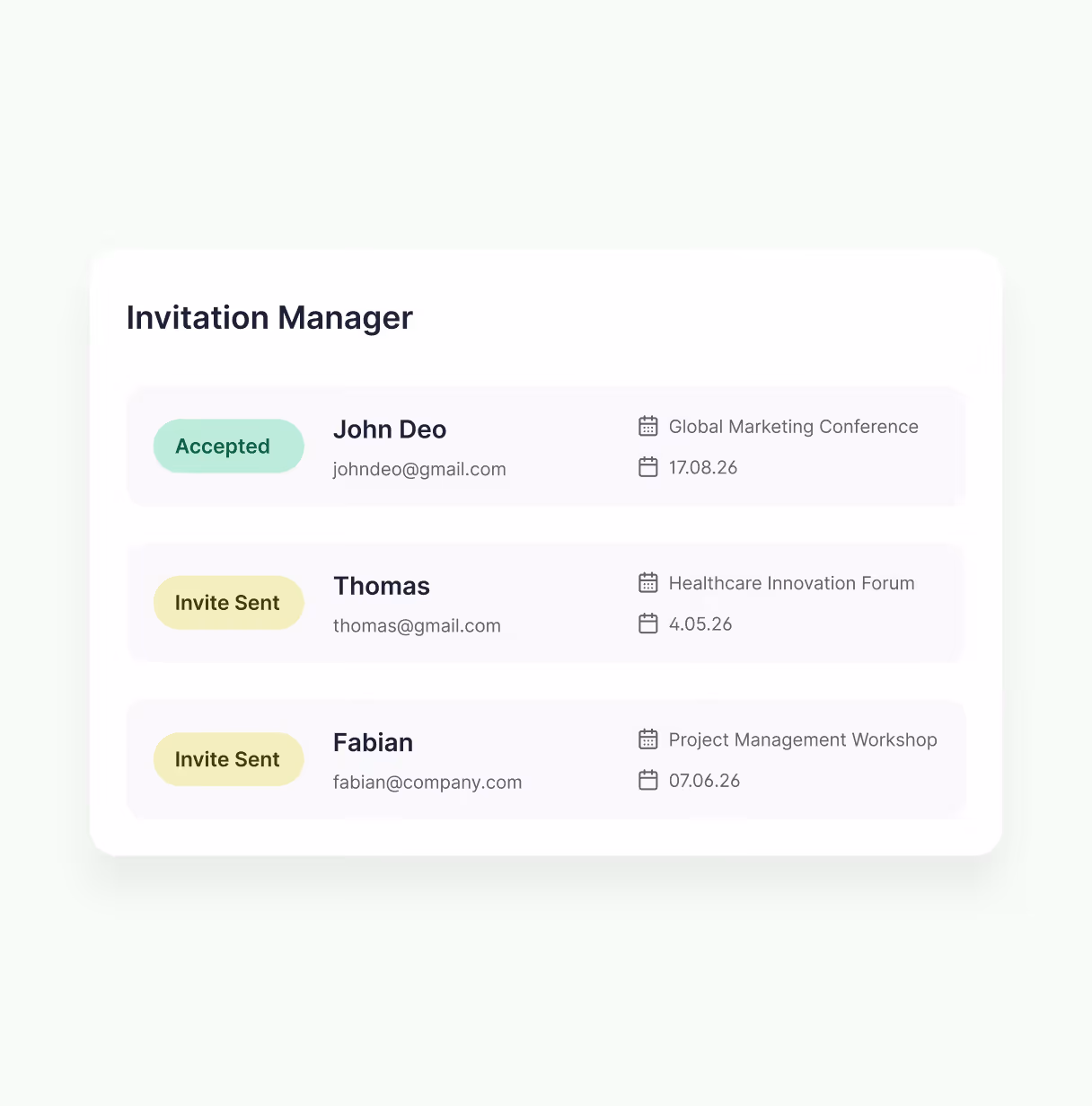 Invitation management interface showing event invitations, attendee status, and registration tracking.