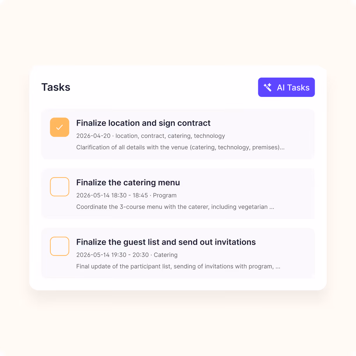 AI-powered task management interface for event planning, scheduling, and workflow coordination.
