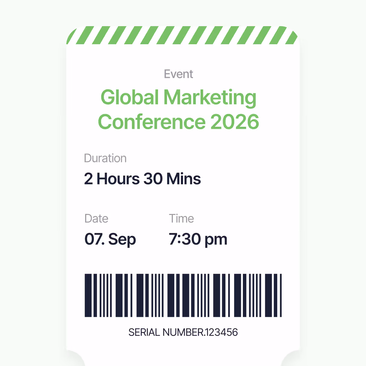 Digital event ticket design with barcode, event details, date, time, and attendee information.