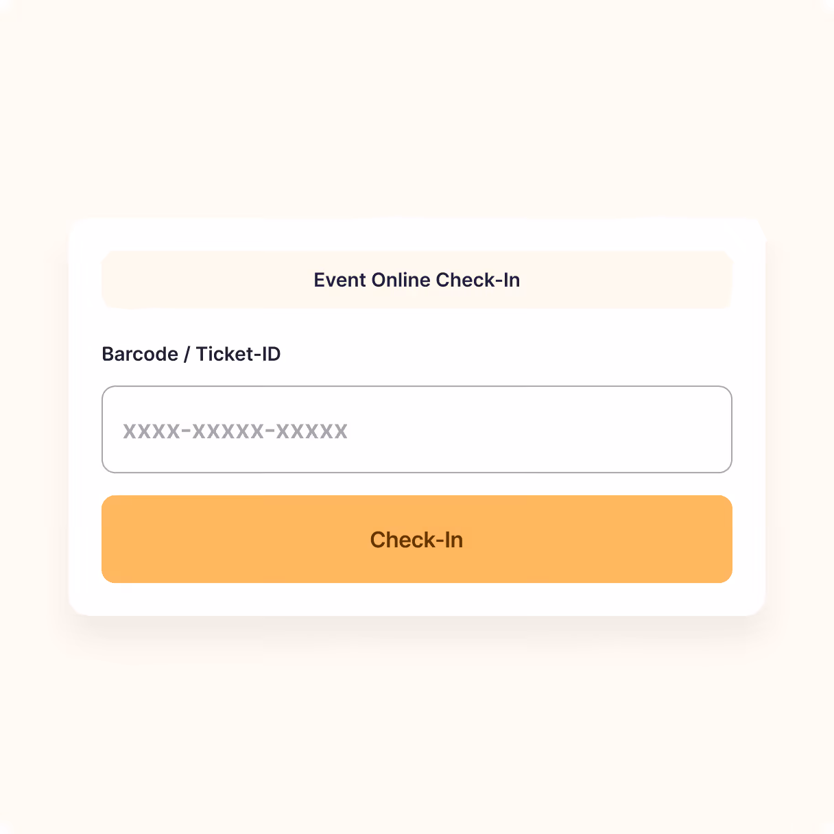 Online event check-in interface with barcode ticket validation and attendee registration access.
