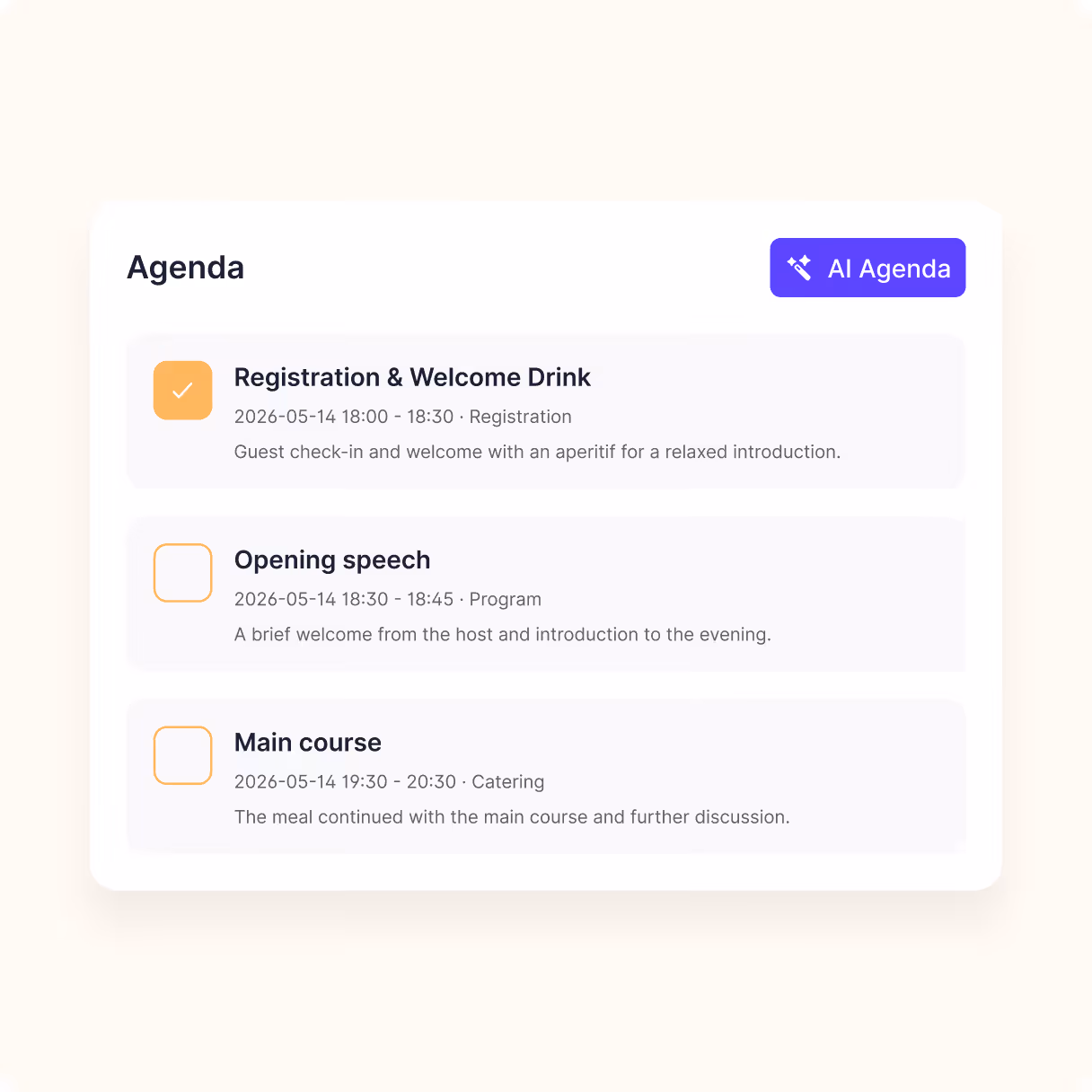 AI-powered task management interface for event planning, scheduling, and workflow coordination.
