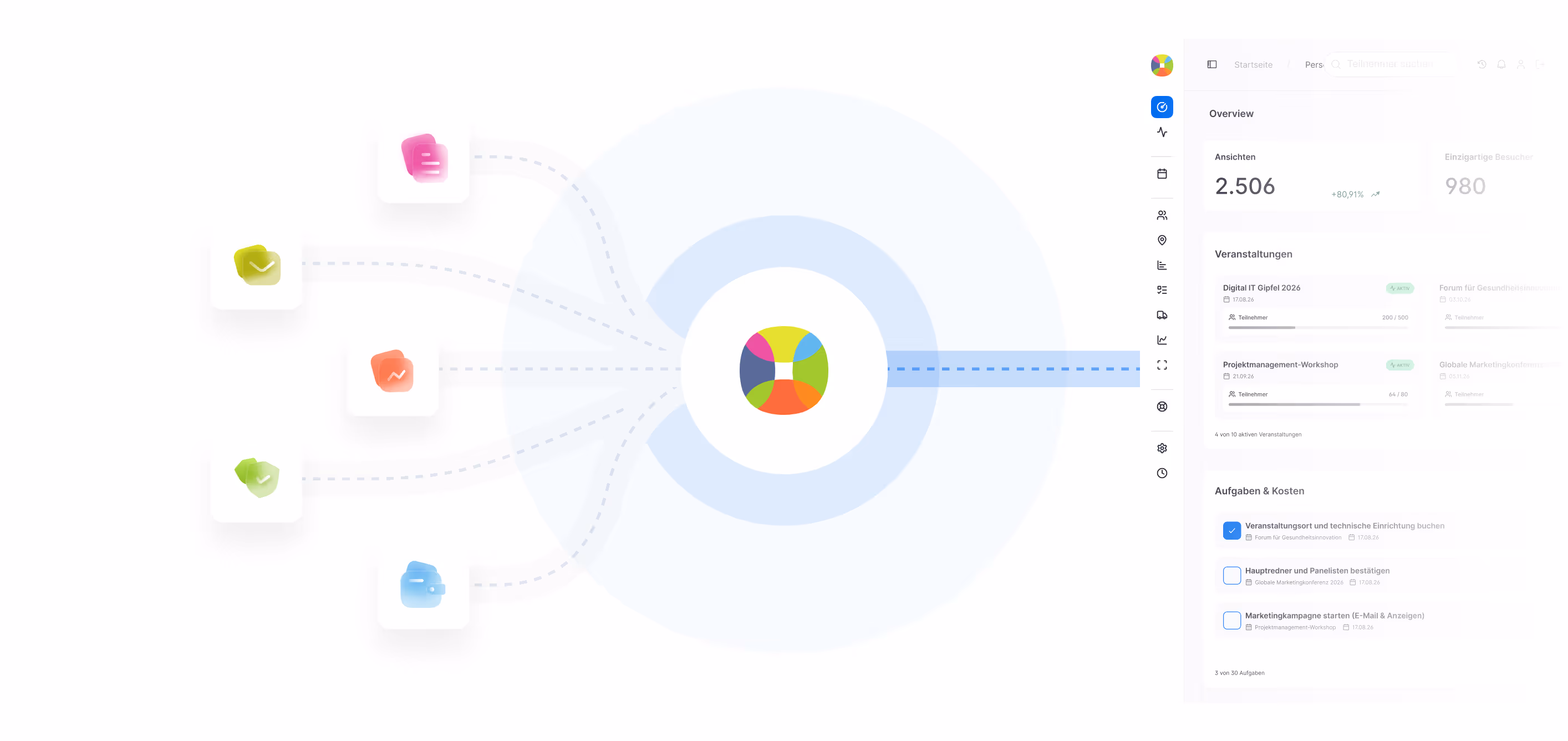 Illustration eines integrierten Eventmanagement-Dashboards mit verbundenen Modulen für Sicherheit, Zahlungen, Analysen, Dokumente und Eventverwaltung.