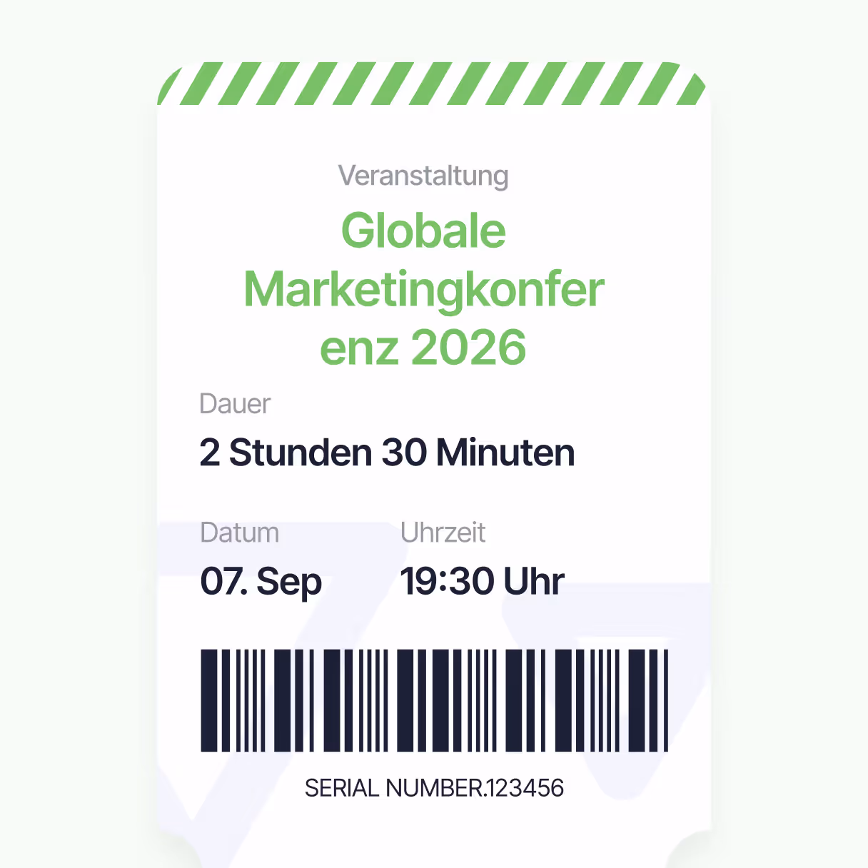 Digitales Eventticket mit Barcode, Veranstaltungsdetails, Datum, Uhrzeit und Teilnehmerinformationen.