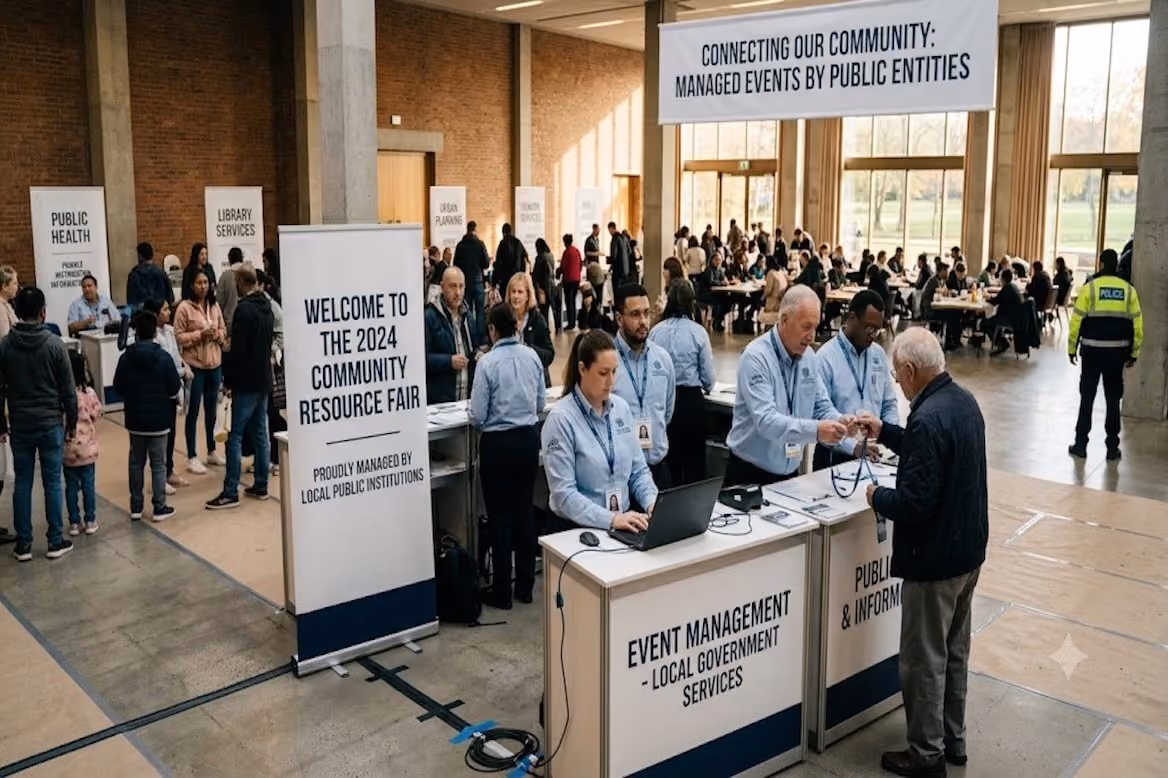 Empfangstresen einer öffentlichen Veranstaltung: Mitarbeitende registrieren Besucher an Laptops, im Hintergrund Banner zu Bürgerdiensten.