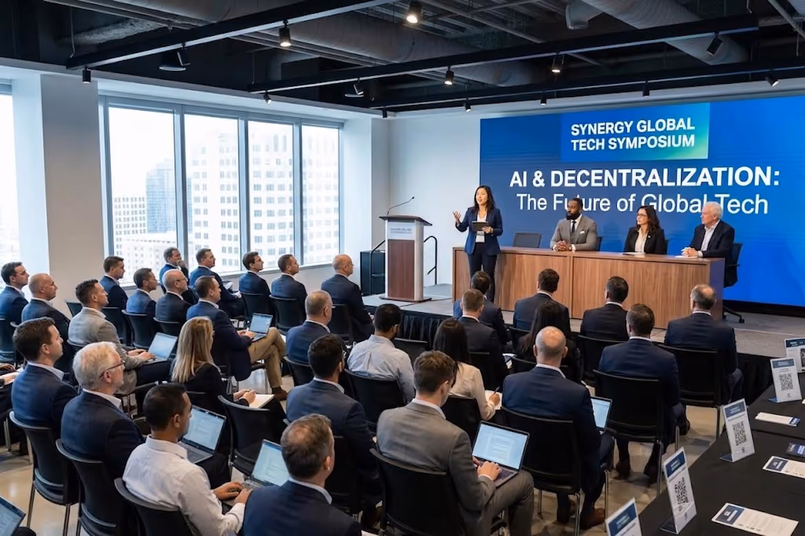 Fachpublikum in einem Konferenzraum verfolgt einen Vortrag; auf der Leinwand steht AI & Decentralization, davor ein Podium mit vier Personen.