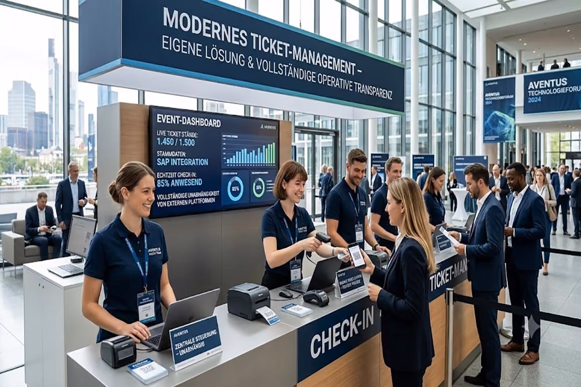 Check-in-Bereich einer Messe mit dem Schriftzug Modernes Ticket-Management; Mitarbeitende scannen Tickets, ein Bildschirm zeigt ein Event-Dashboard mit Live-Ticketständen.