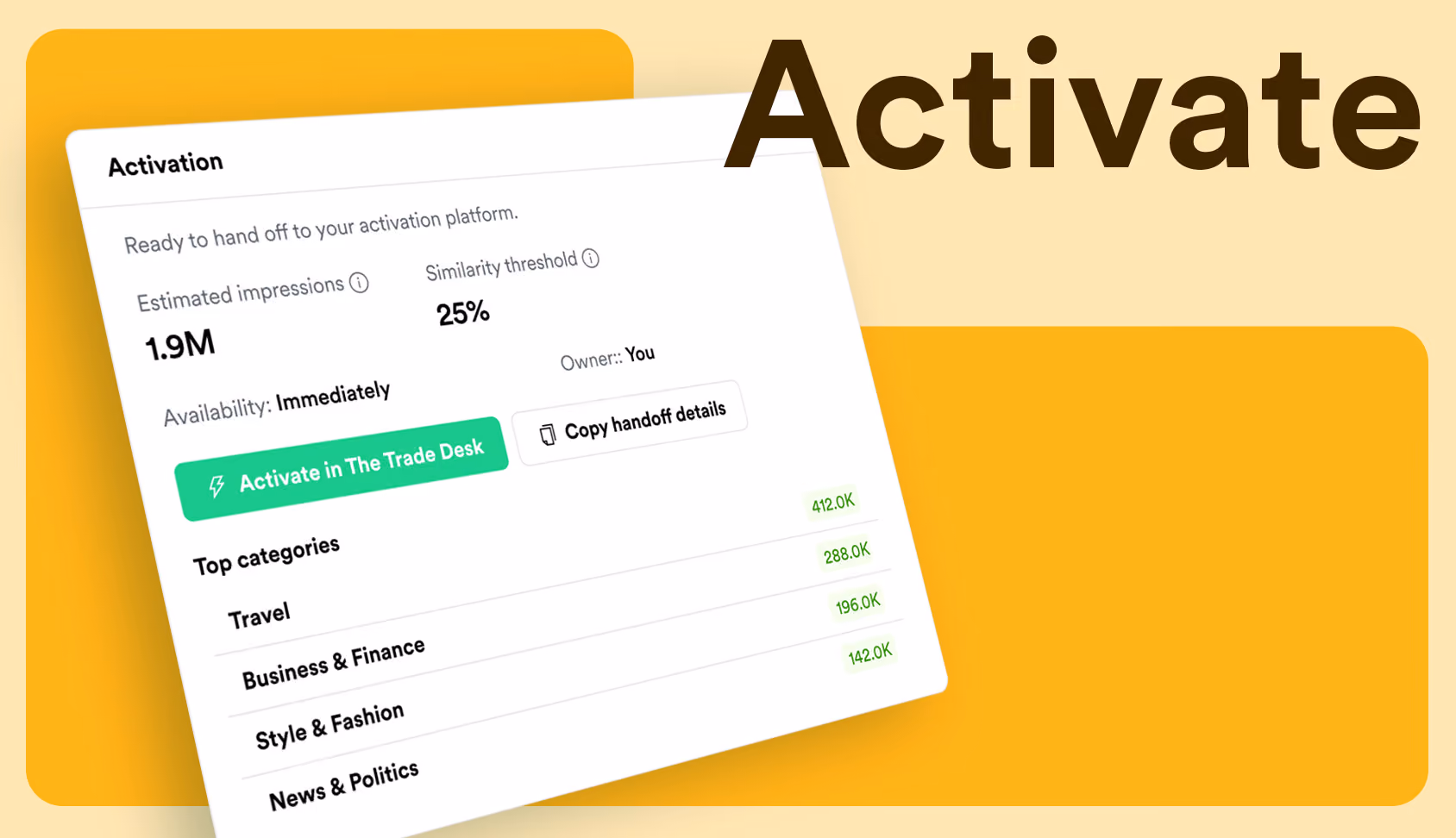 Activate in the Mindset Portal — Mindset Agent activation panel with estimated impressions and one-click segment activation