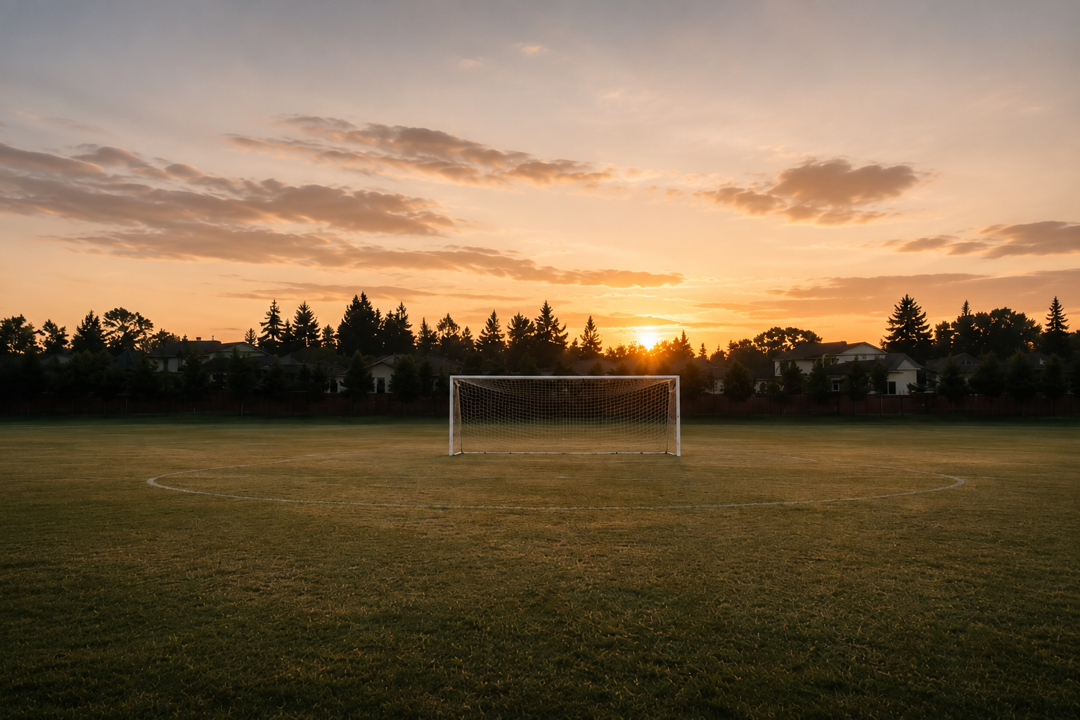 A quiet soccer field and empty goal at dawn