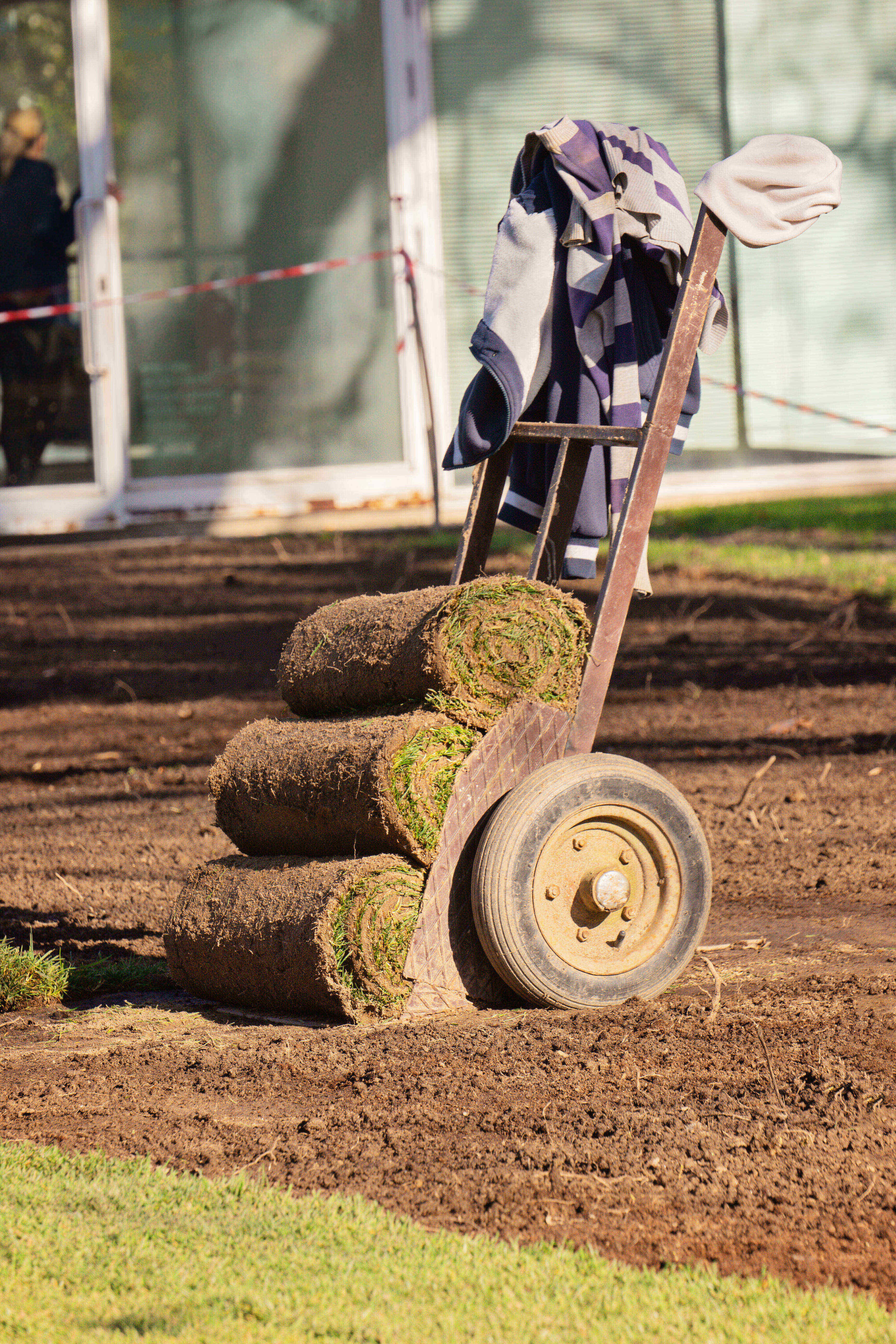 Rollrasenrollen auf Sackkarre bereit zum Verlegen im Garten