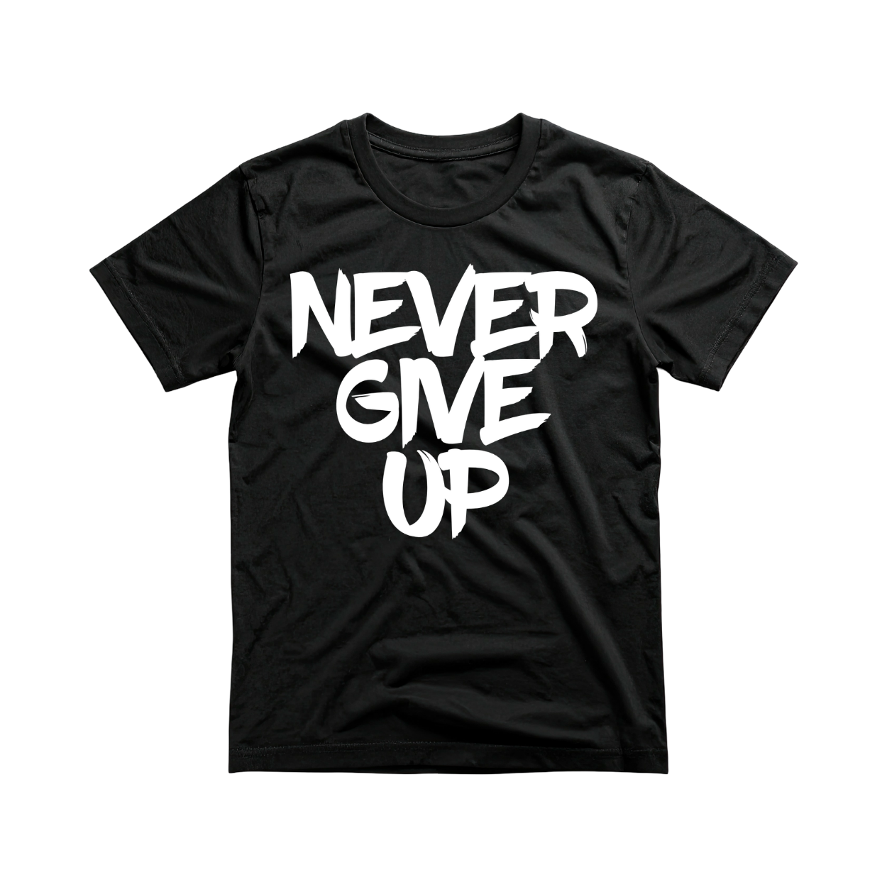 Black t-shirt with bold white text saying Never Give Up and a small stylized face graphic below.