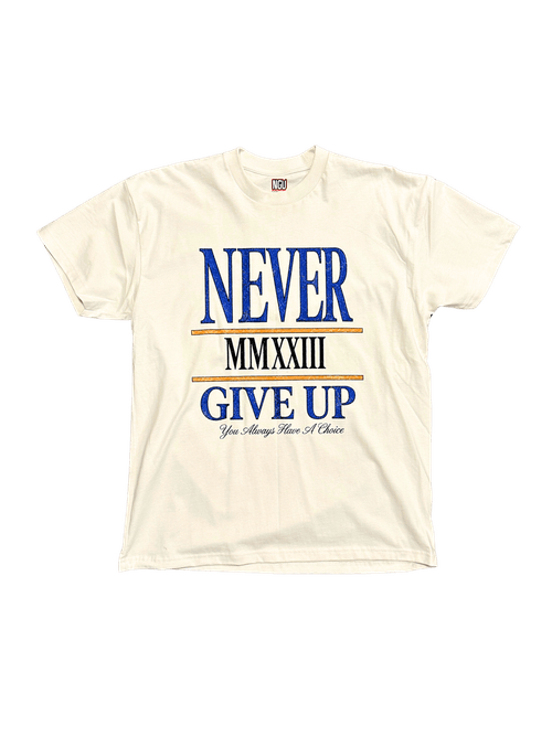 Black t-shirt with bold white text saying Never Give Up and a small stylized face graphic below.