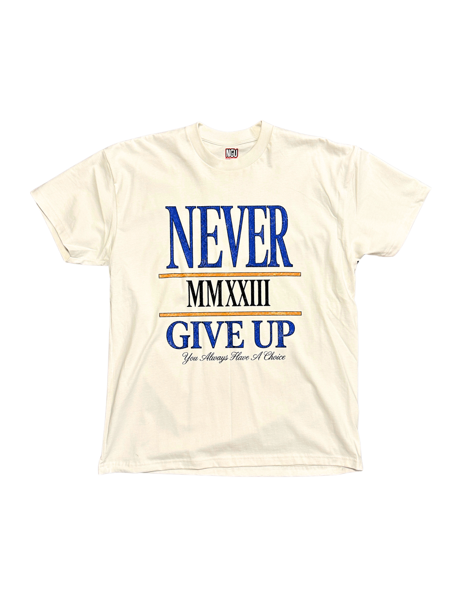 Black t-shirt with bold white text saying Never Give Up and a small stylized face graphic below.