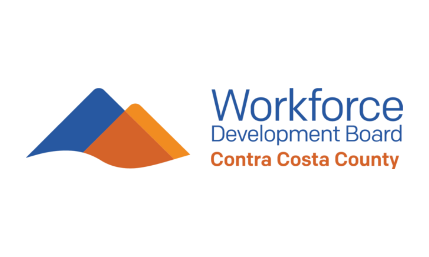 Logo of Workforce Development Board Contra Costa County with two overlapping mountain shapes in blue and orange.