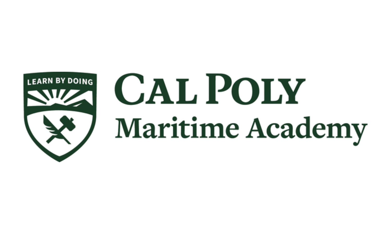 Cal Poly Maritime Academy logo with a shield containing a sun rising over mountains, an axe, and a feather, accompanied by the motto 'Learn by Doing' and the text 'Cal Poly Maritime Academy'.