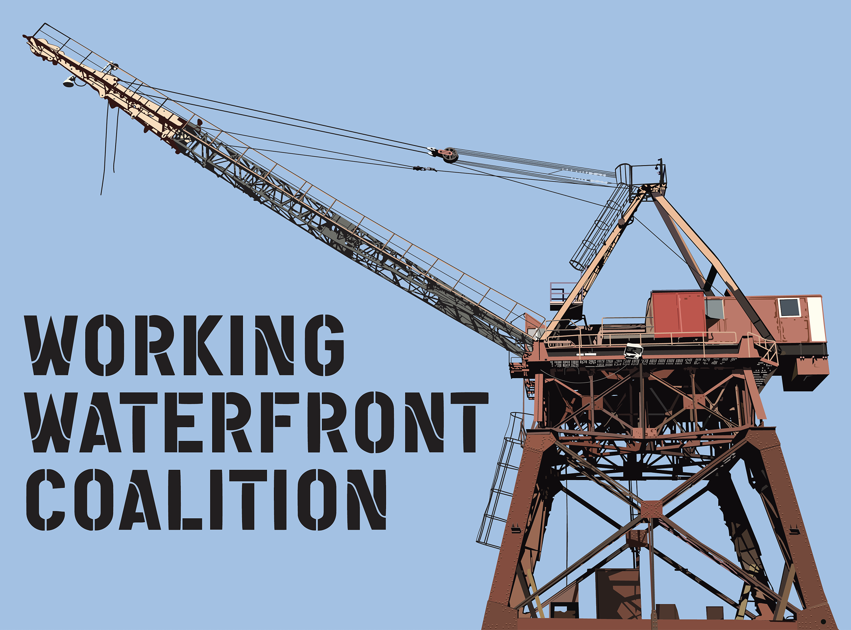 Rust-colored industrial crane with the text 'WORKING WATERFRONT COALITION' in bold black letters on a transparent background.