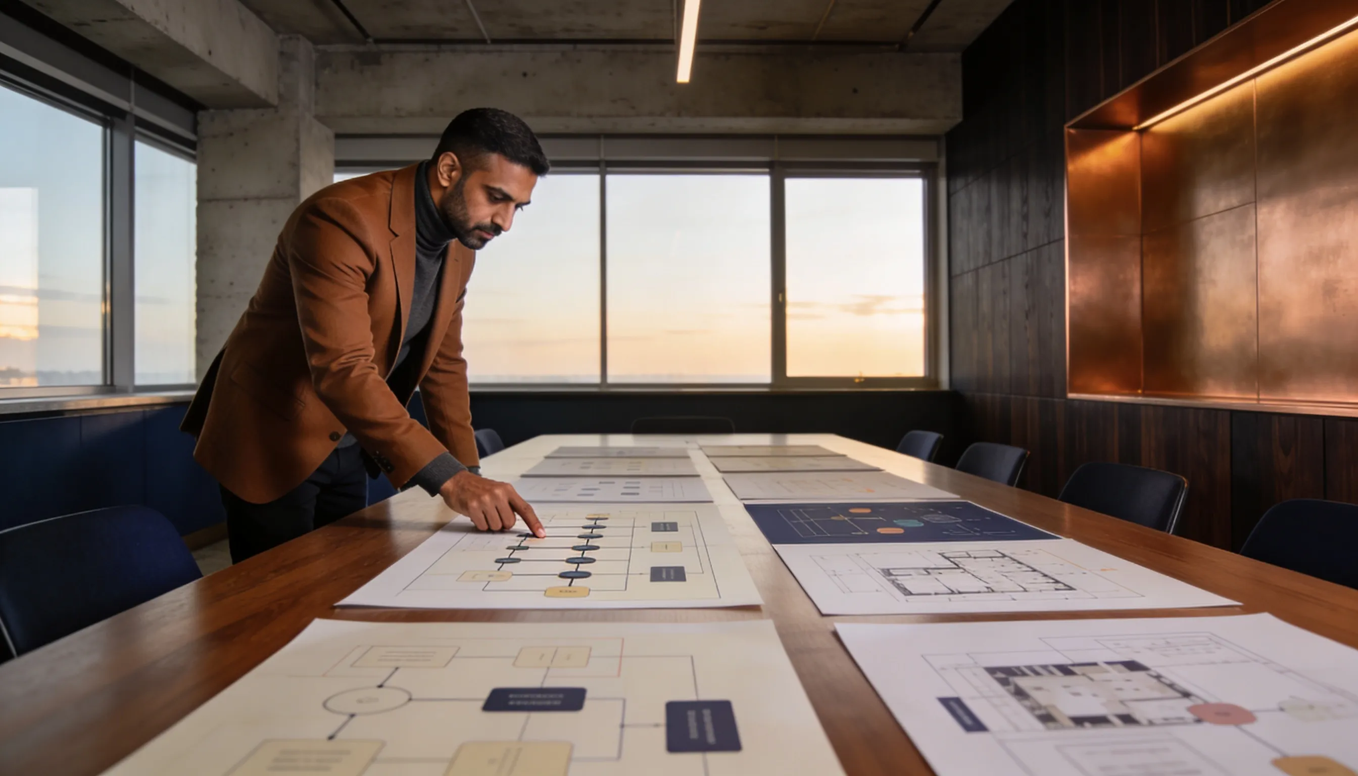 reviewing architectural and flowchart plans on a conference table.