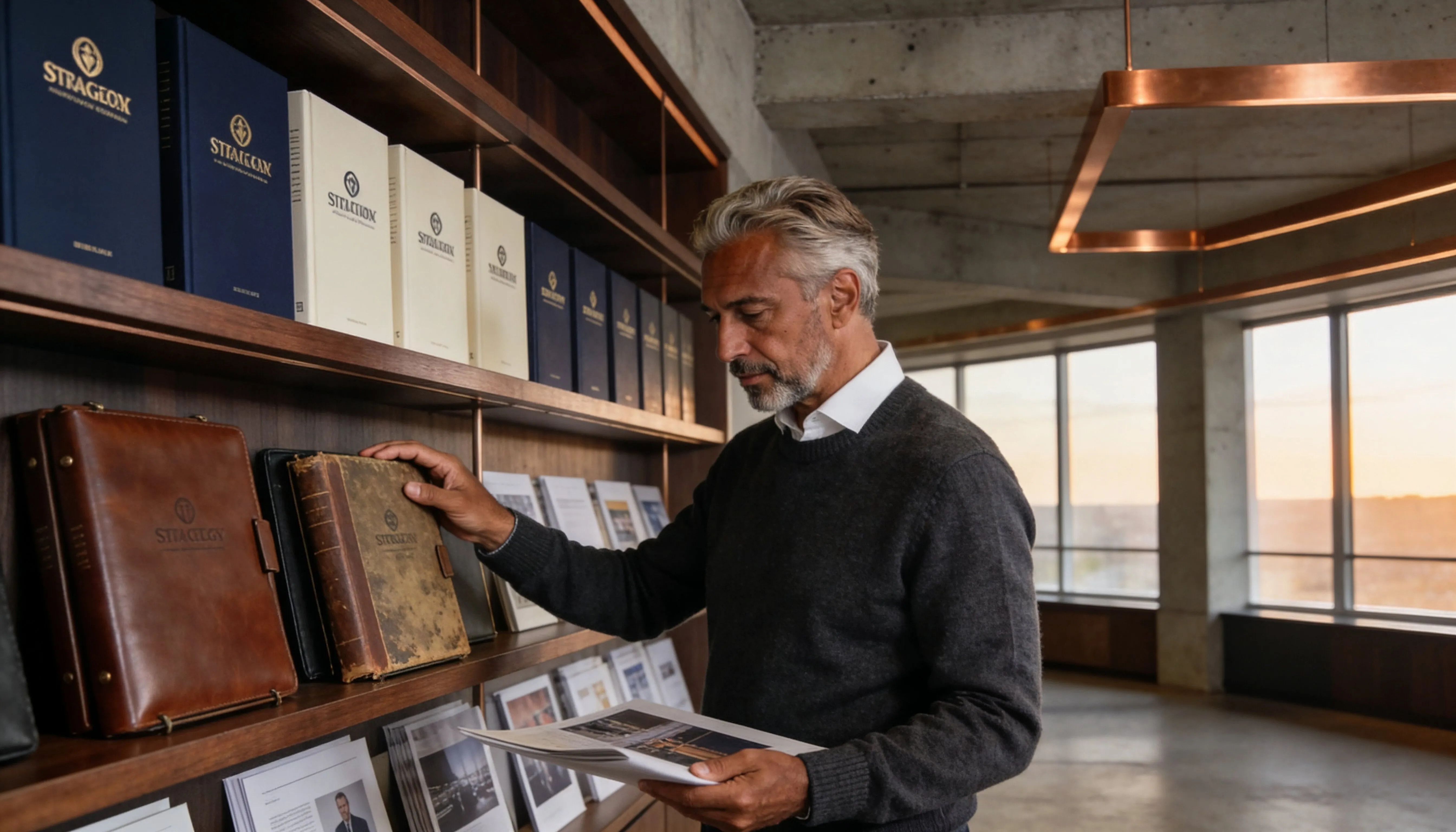 browsing books while holding documents in a modern office with large windows.