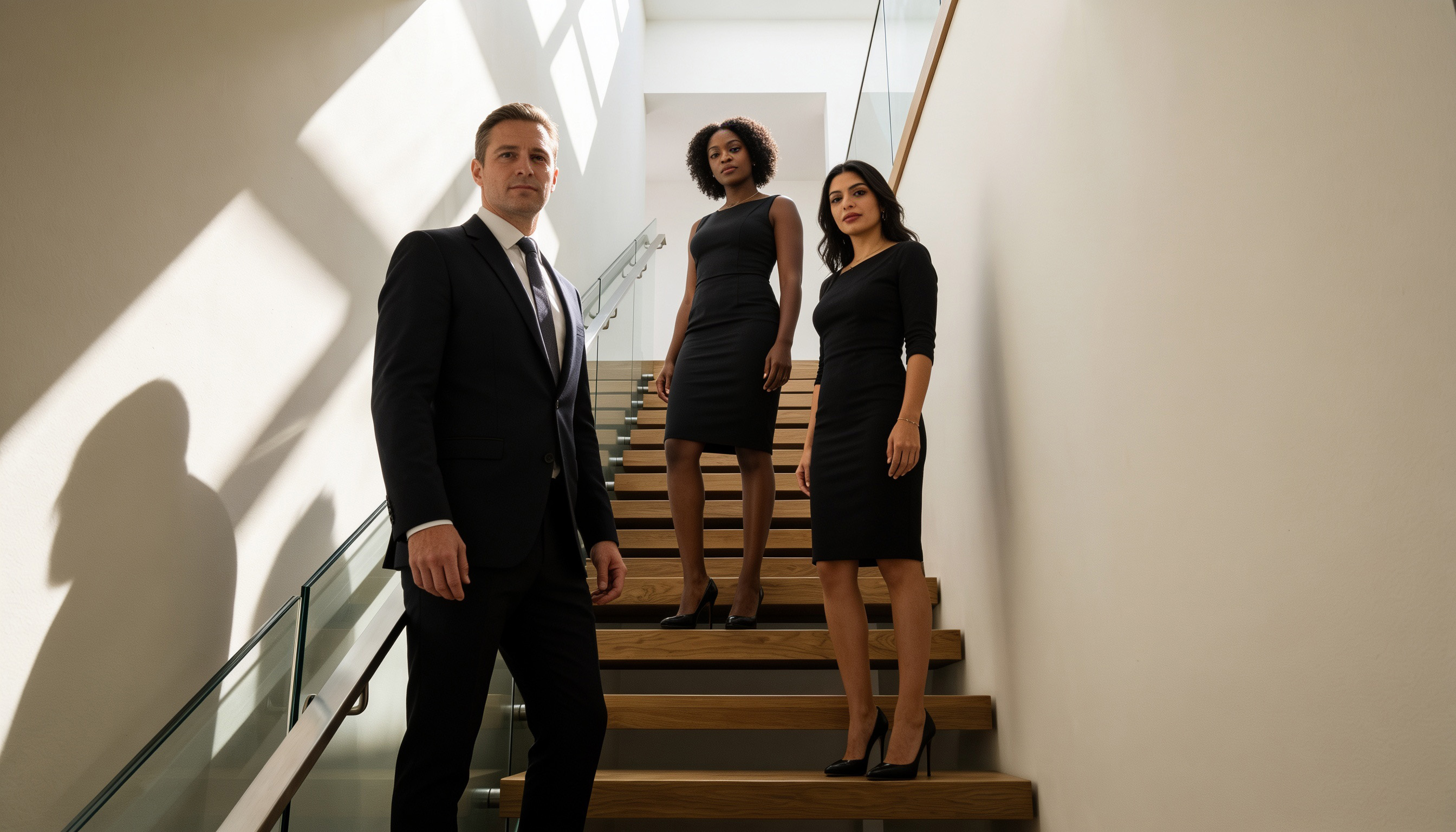 Three business leaders standing at different levels of a staircase