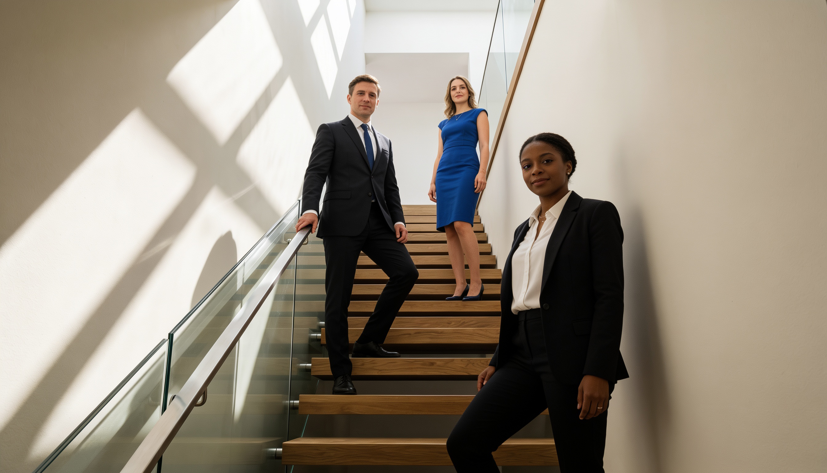 Three business leaders standing at different levels of a staircase