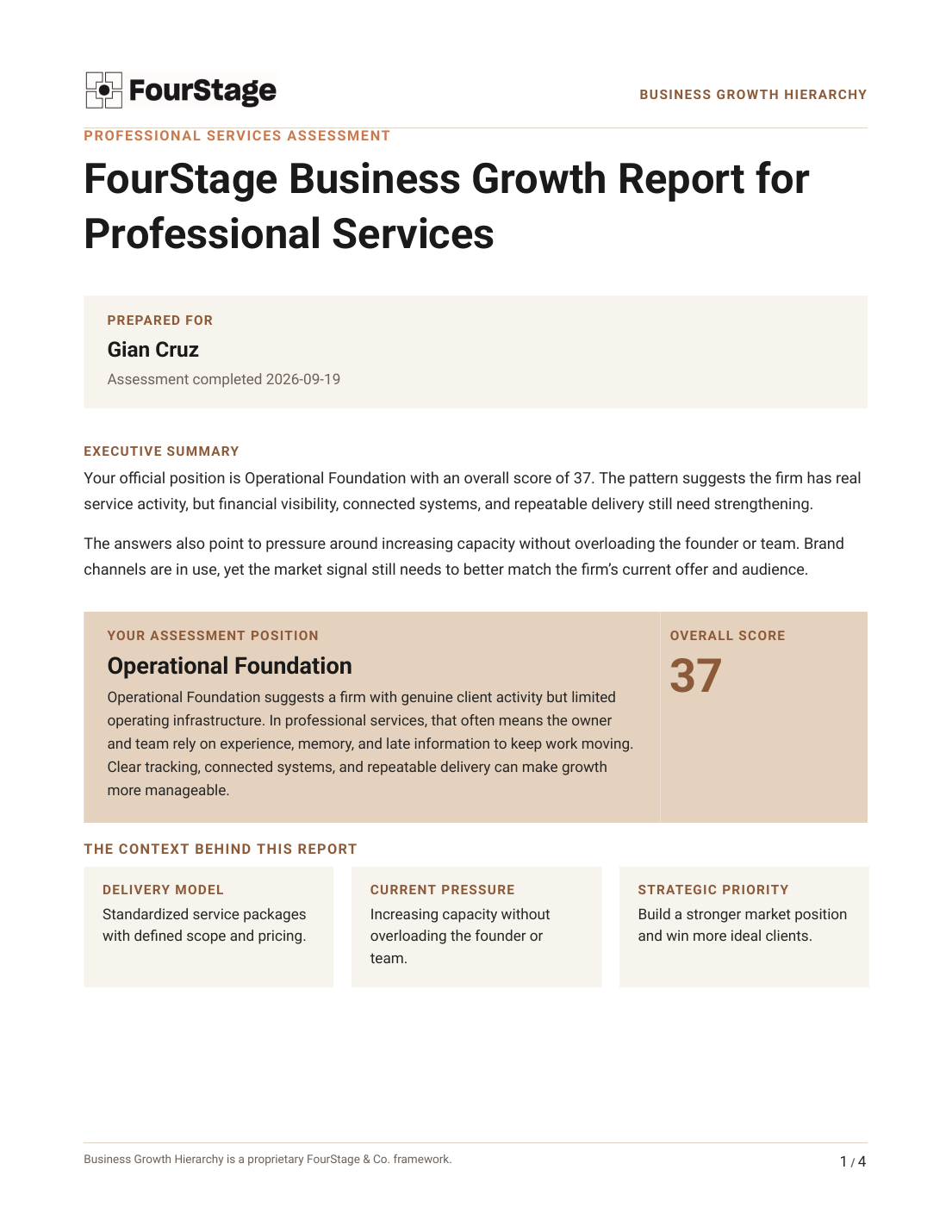 Sample Growth Focus Plan page showing the executive summary, assessment position, score, and business context.
