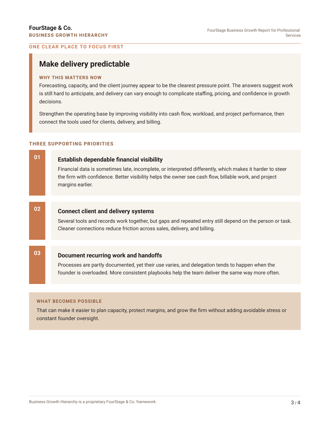 Sample Growth Focus Plan page showing the first focus and three supporting priorities.