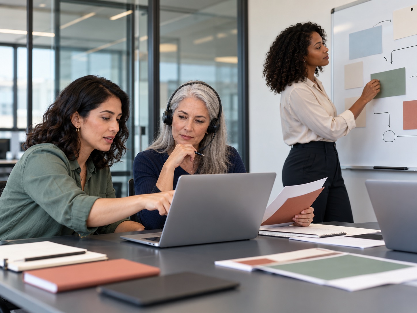 A team reviews work on a laptop while a colleague maps a workflow on a whiteboard.