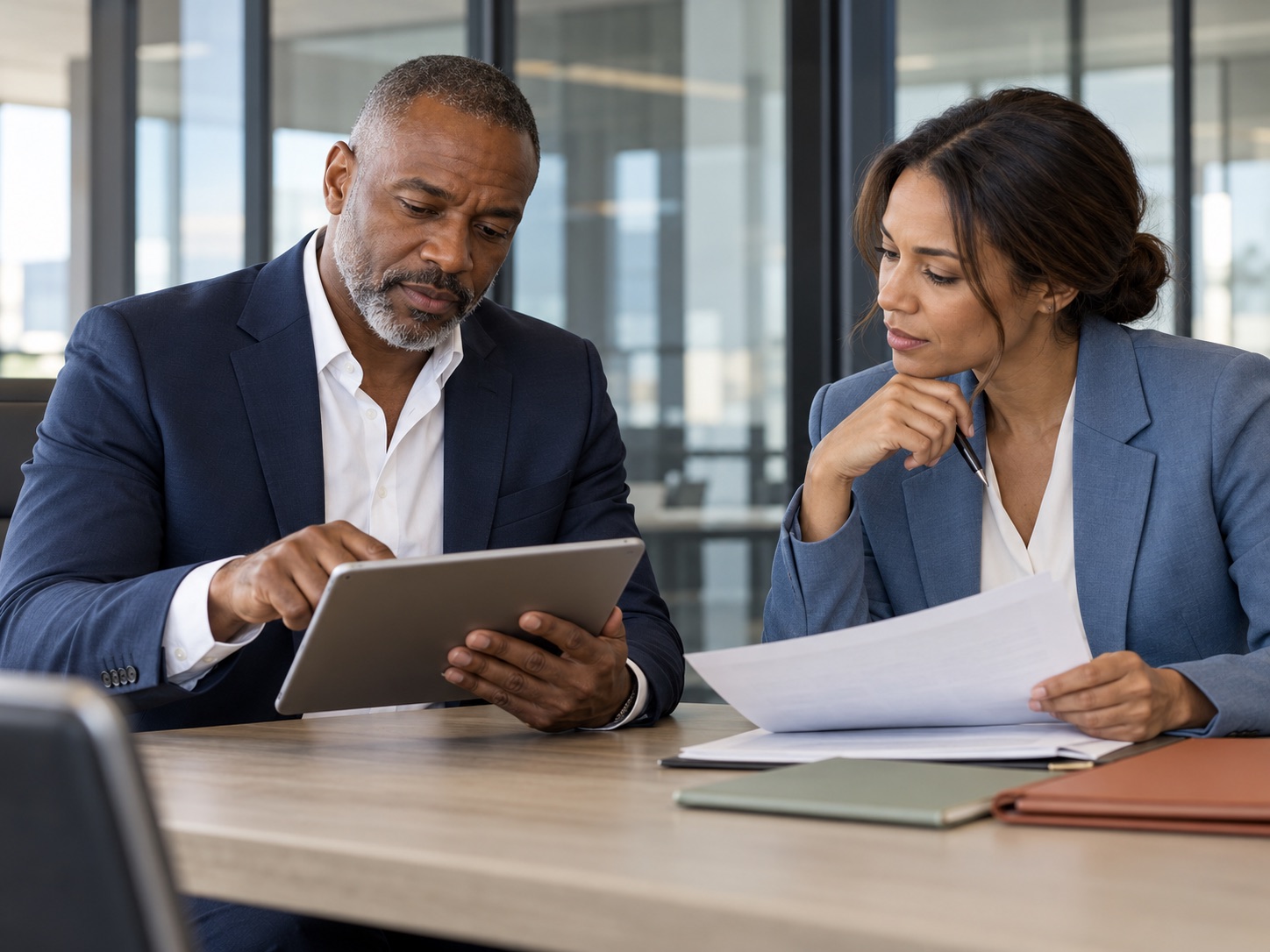 Two business professionals review a tablet and documents during a planning session.