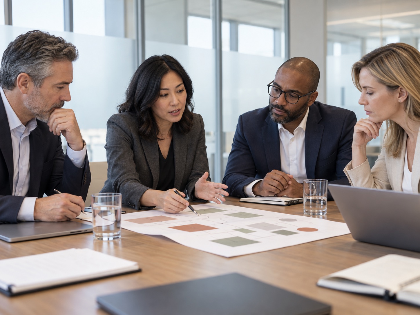 Four business professionals discuss a plan laid out on a conference table.
