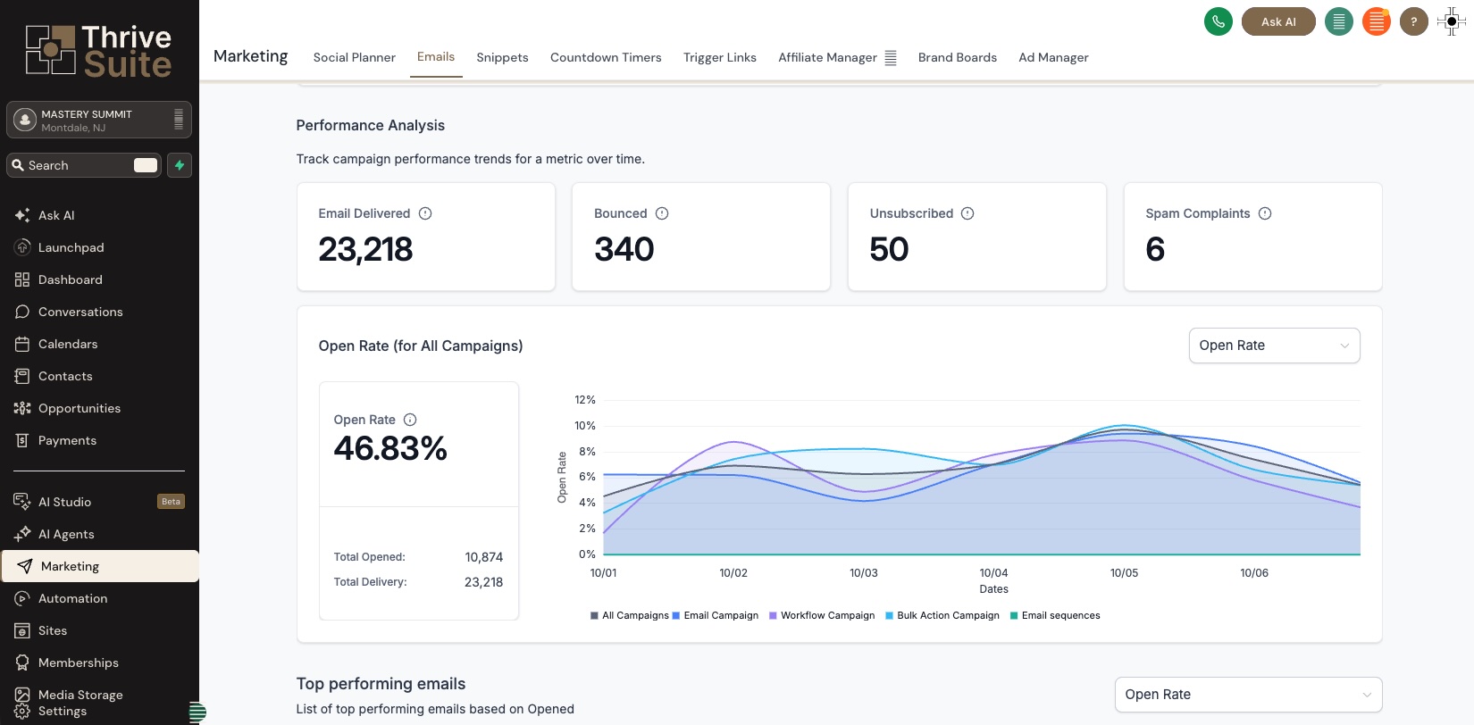 ThriveSuite email marketing dashboard showing sample campaign delivery and open-rate results.