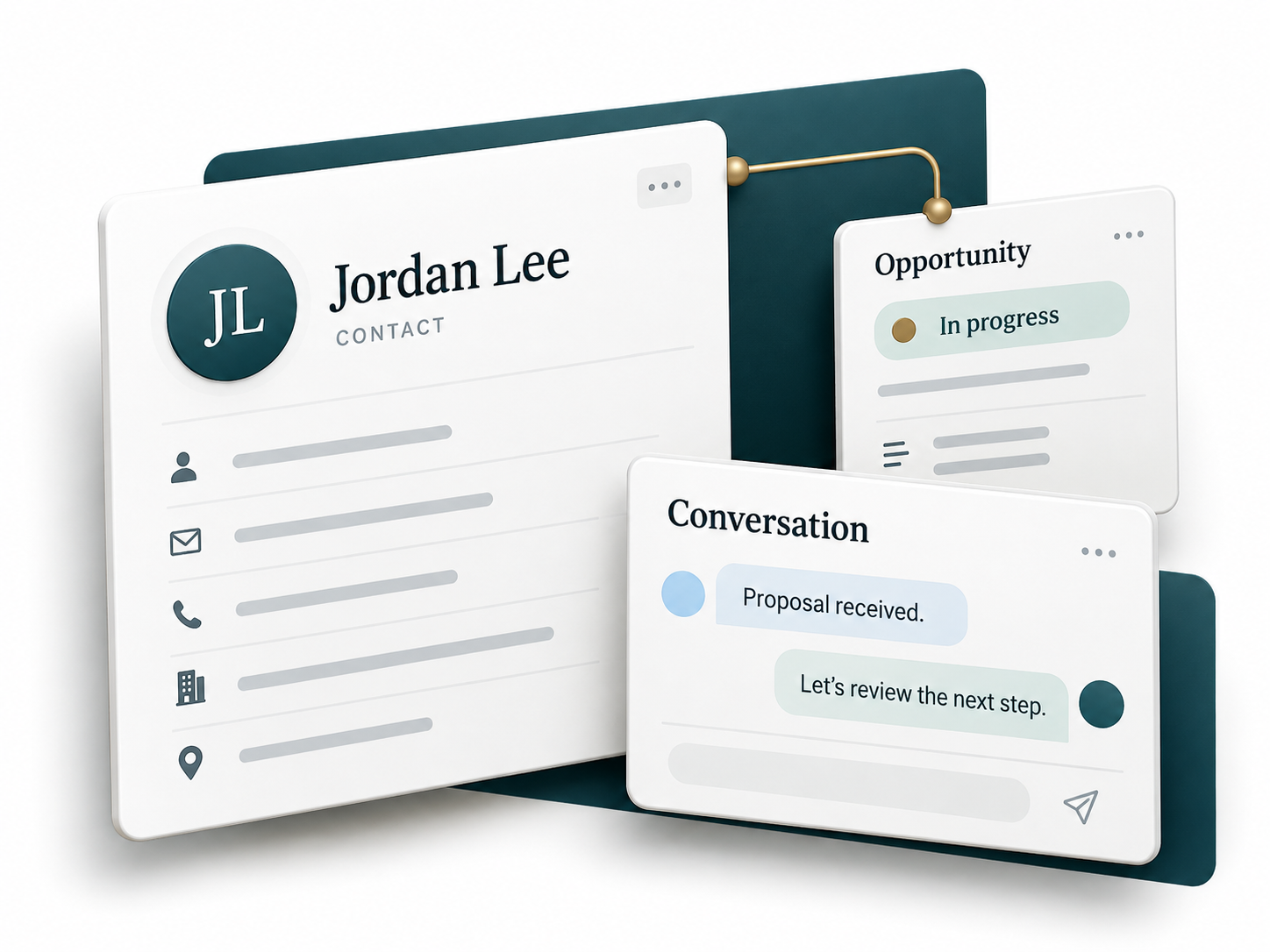 Contact, opportunity, and conversation cards connected in one relationship workspace.