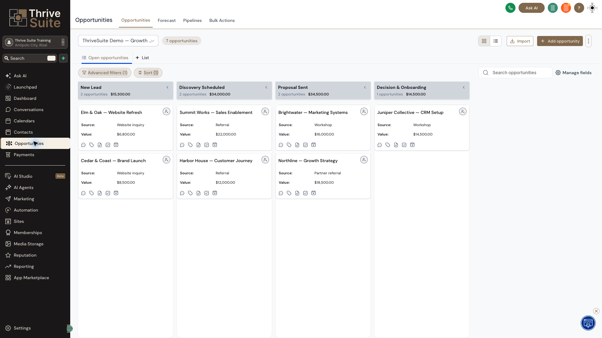 ThriveSuite demonstration opportunity pipeline organized from new lead through discovery, proposal, and onboarding.
