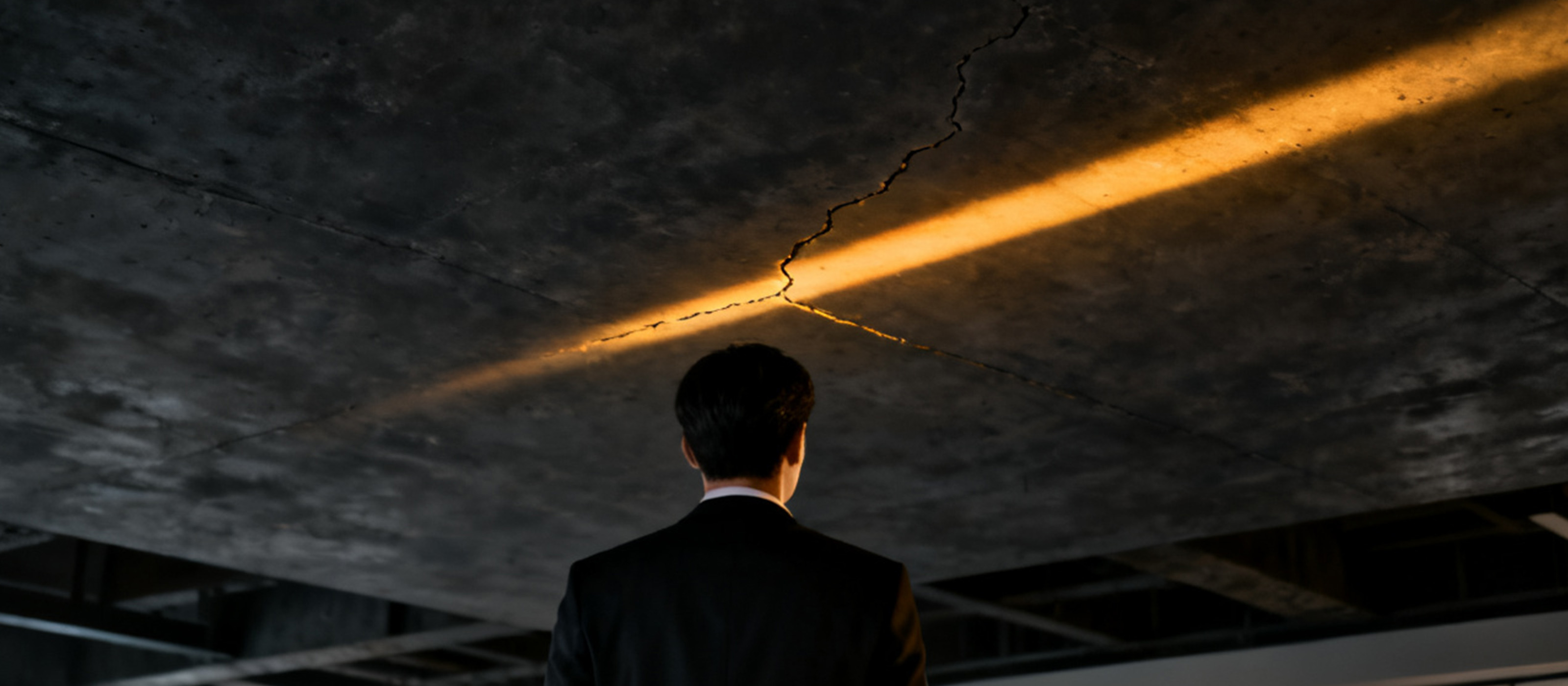 Person seen from behind beneath a beam of light in a concrete interior.