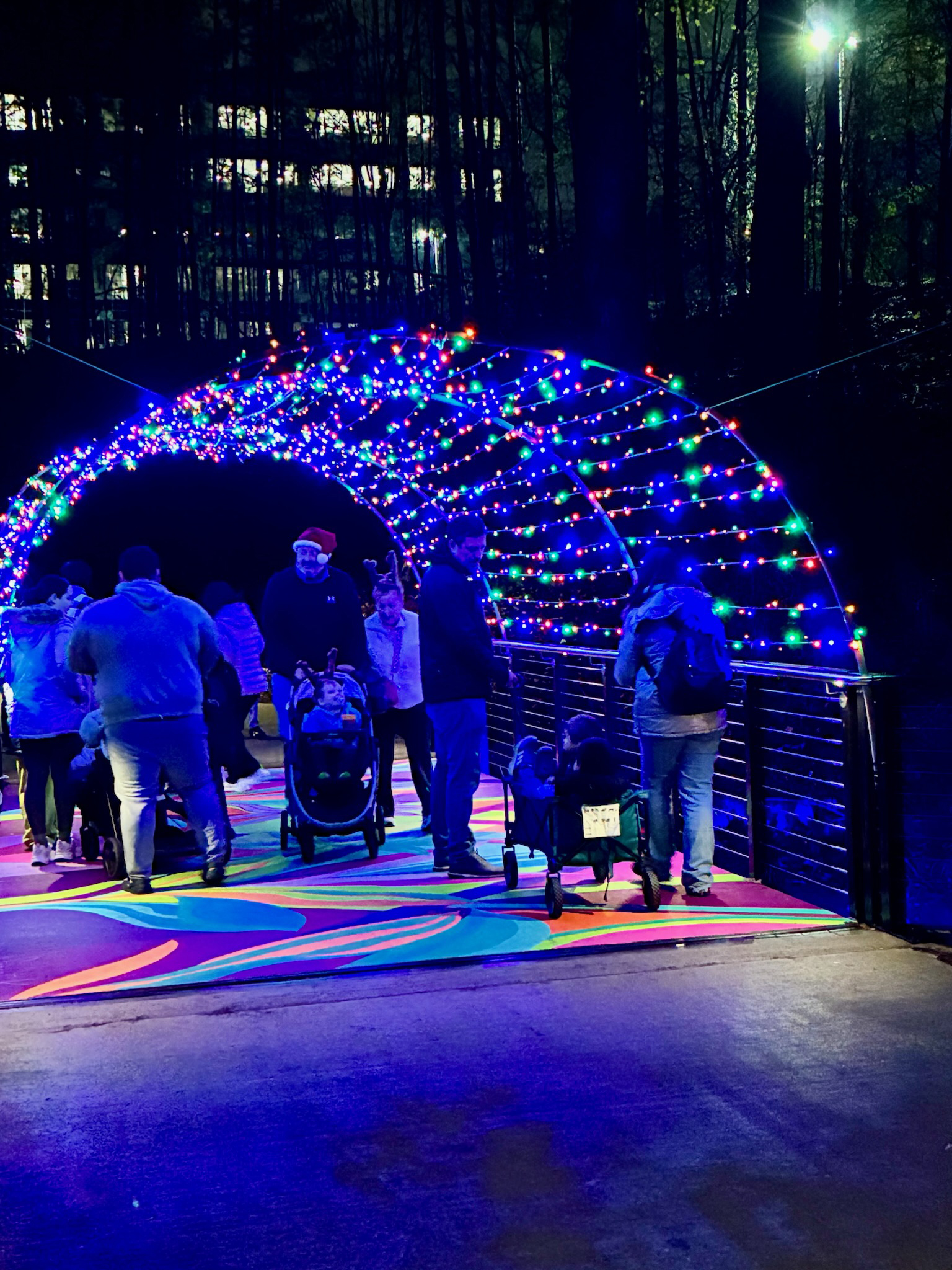 Families walk through a colorful illuminated bridge during Alpha Loop Foundation’s 2025 Lights on the Loop event.