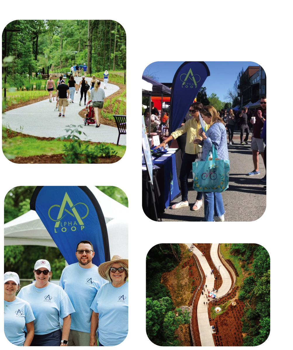 Alpha Loop Foundation volunteers, community members, and visitors participating along the Alpha Loop trail in Alpharetta.