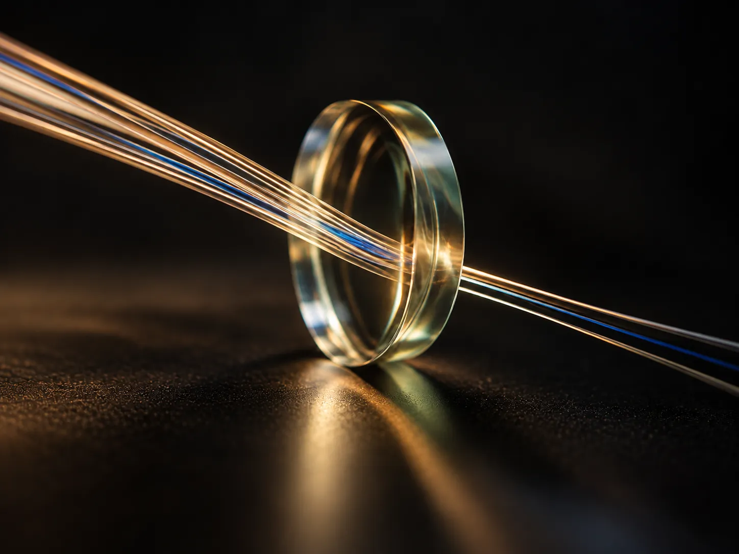 Golden and blue light streams through a clear glass ring.