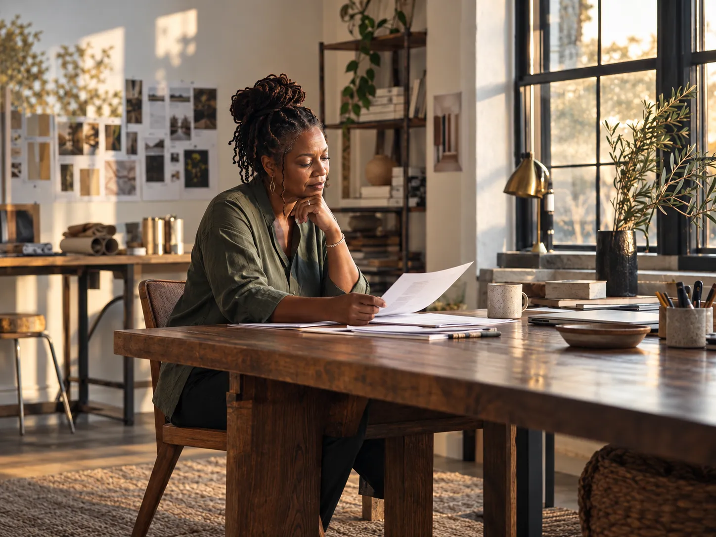 Business owner reviewing a report at a sunlit wooden desk.
