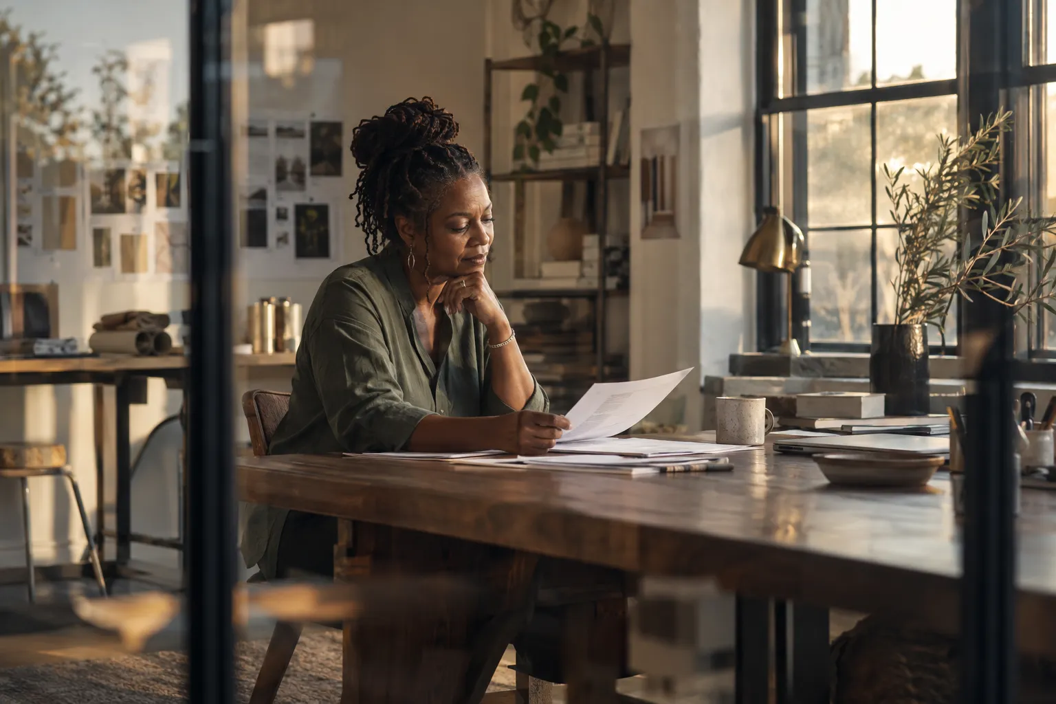 Business owner reviewing a report at a sunlit wooden desk.