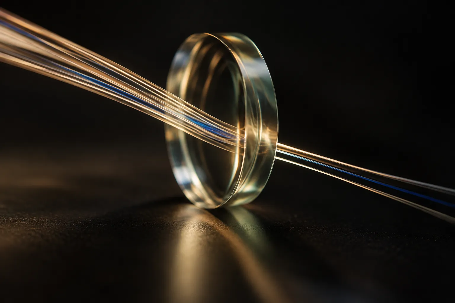 Golden and blue light streams through a clear glass ring.