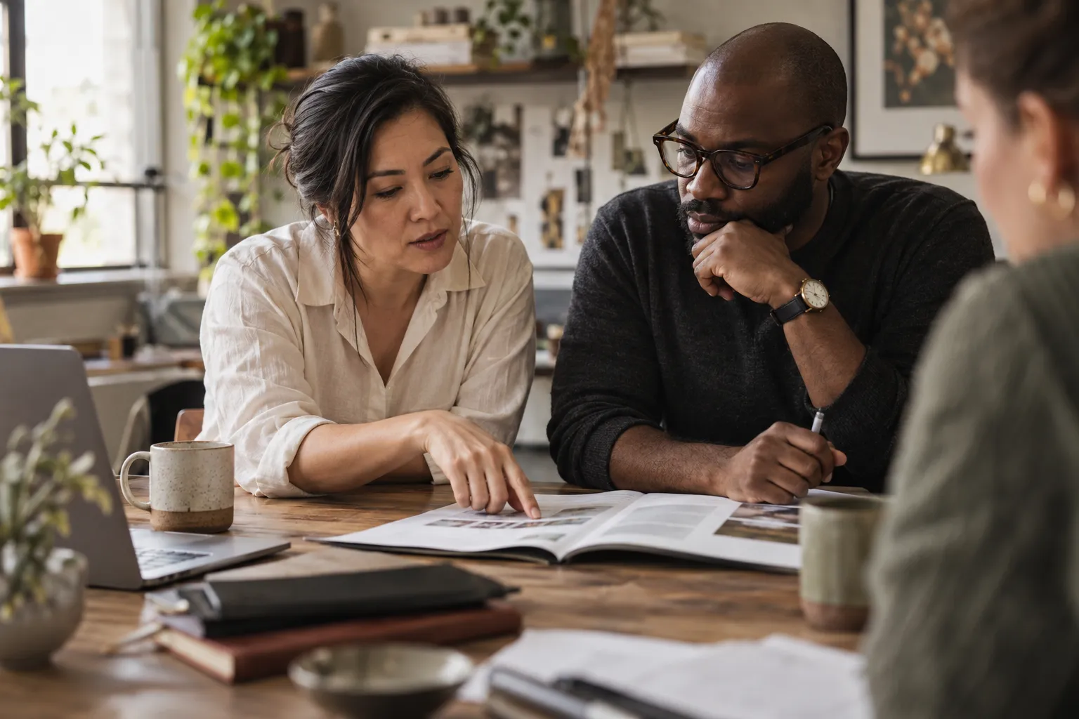Colleagues examine a printed proposal together across a meeting table.
