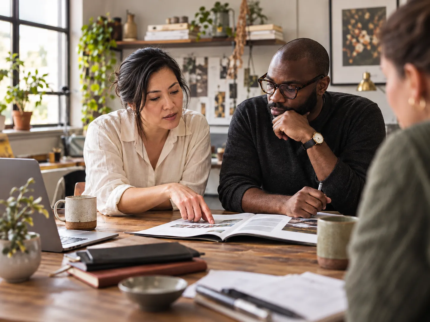Colleagues examine a printed proposal together across a meeting table.
