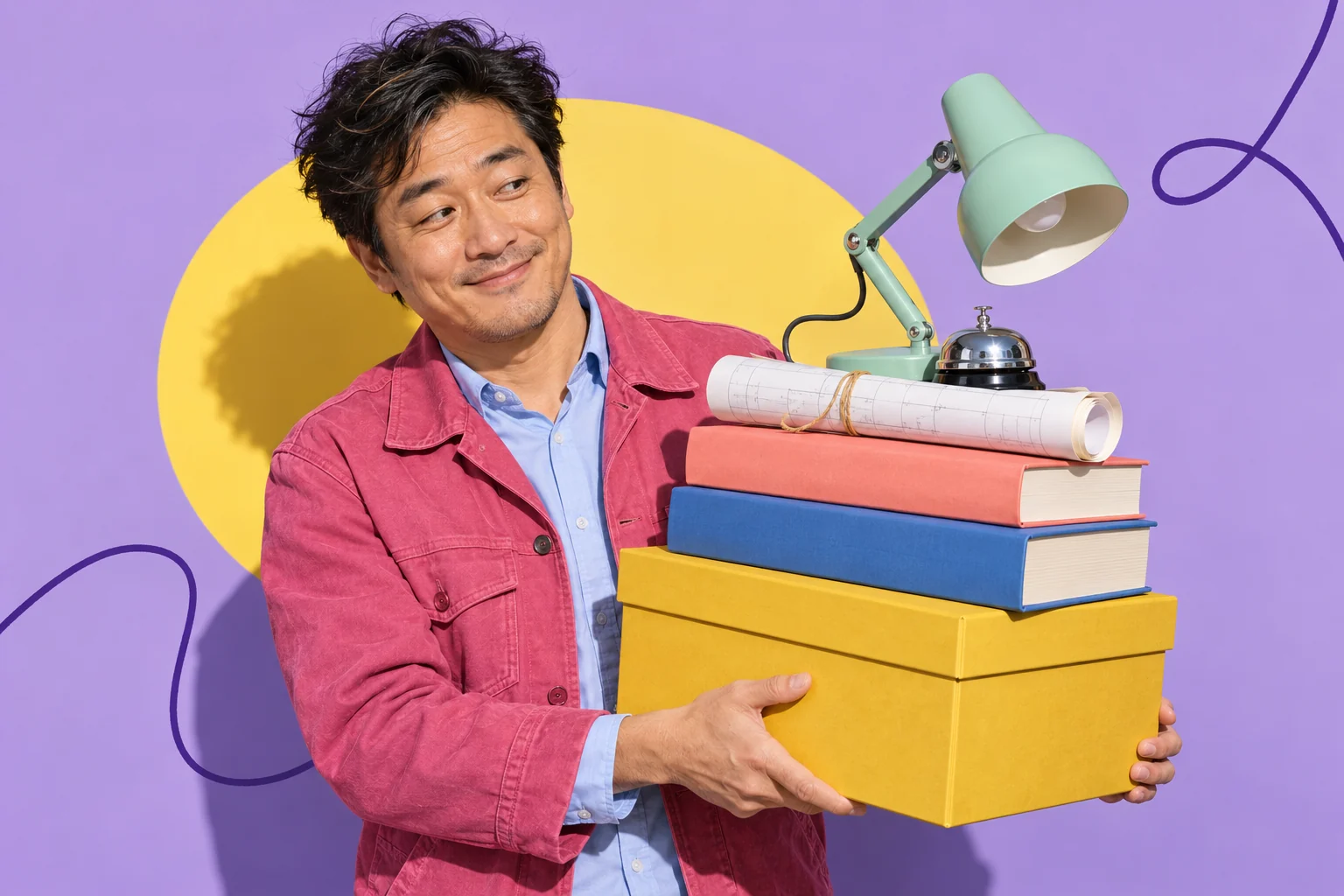Man in pink jacket holds yellow box topped with books, blueprint, lamp, and bell.
