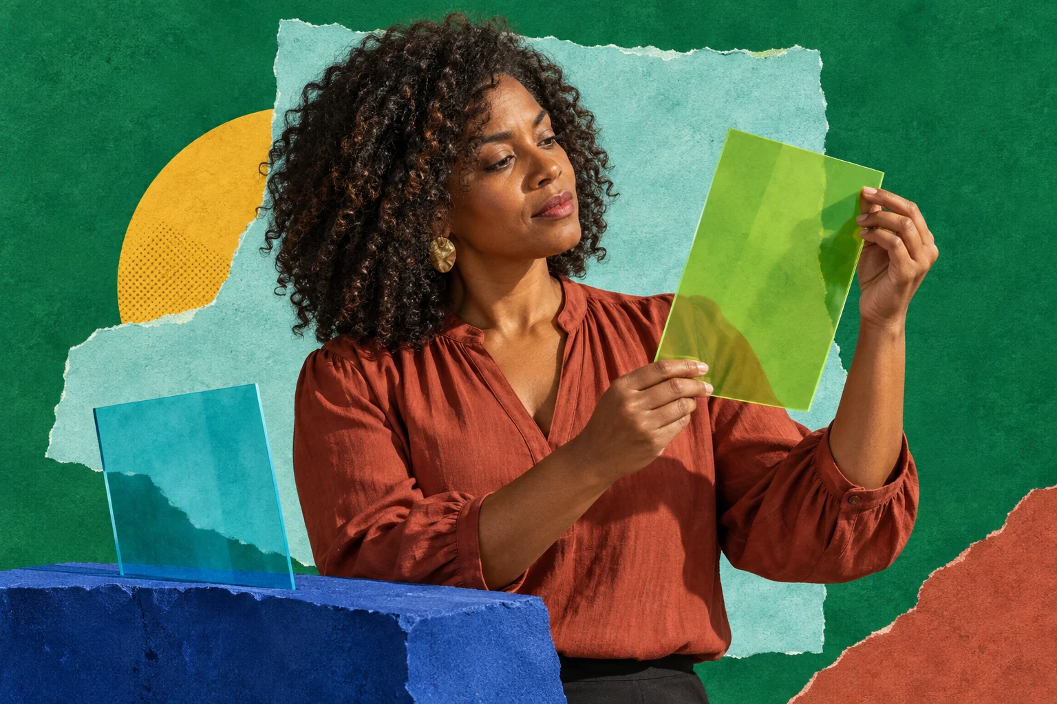 Woman in terracotta blouse examines a lime-green sheet against layered colorful paper.
