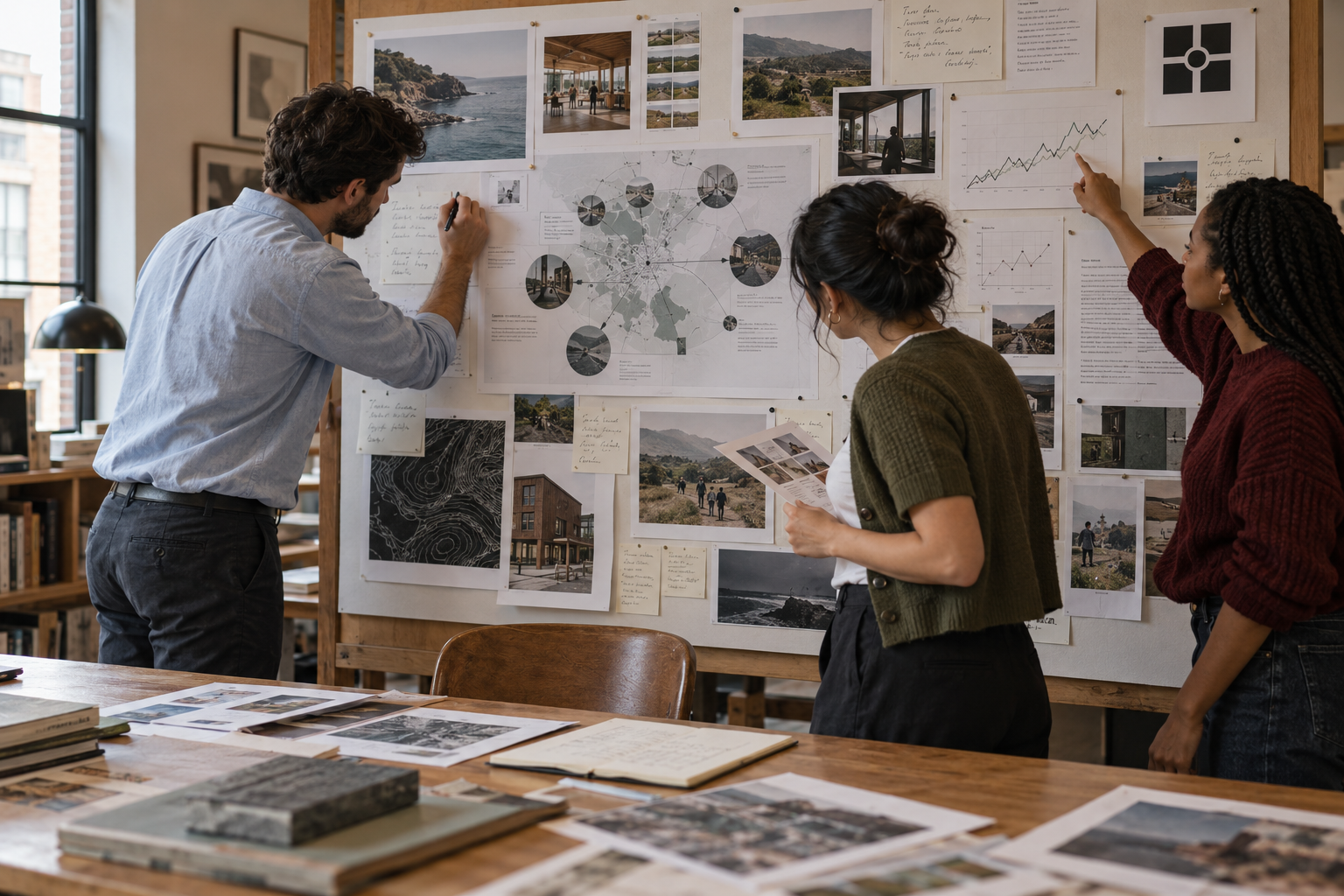 Three professionals review a strategy board with research, notes, diagrams, and a process map.