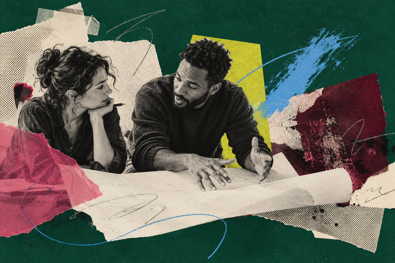 Editorial collage of two people working through a physical process map.