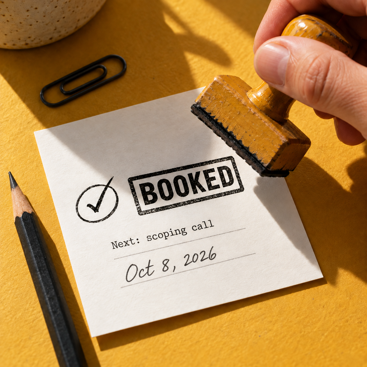 A hand holds a yellow stamp above a note marked Booked with a scoping-call date.