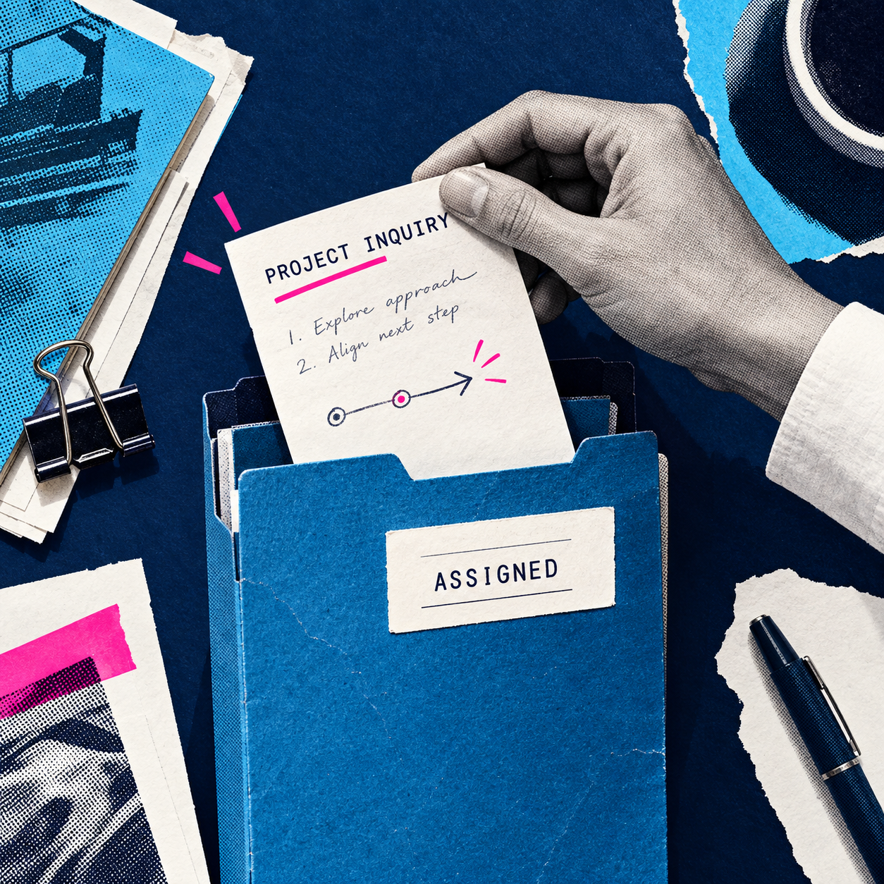 A hand places a project inquiry card into a blue folder marked Assigned.