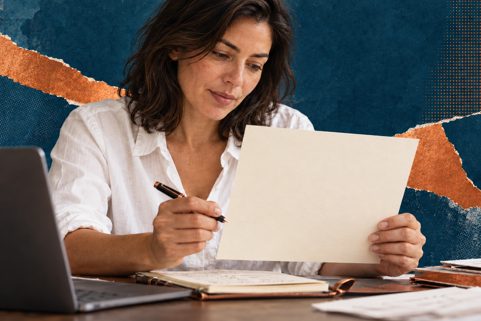A woman reads a sheet of paper against a textured blue and copper collage.
